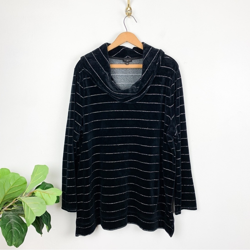 Talbots Black Velvet Metallic Stripe Cowl Neck Pullover Sz 2X